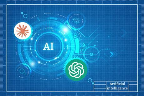 A digital illustration of interconnected AI apps as a blueprint