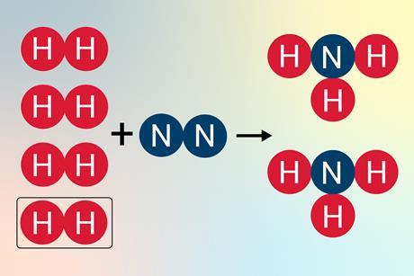 A chemical equation showing hydrogen reacting with nitrogen to make ammonia. There is an excess of hydrogen that will be left over after the reaction.