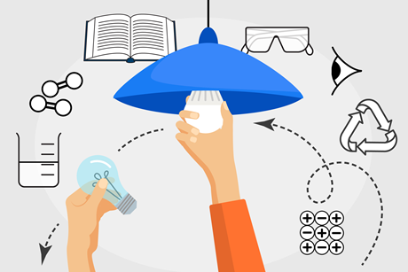 A cartoon changing a lightbulb from an old filament bulb to a new LED one. There are icons about teaching chemistry around.