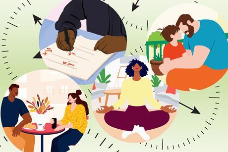A montage of teachers enjoying time off to mark work, meet friends, do yoga and look after their children