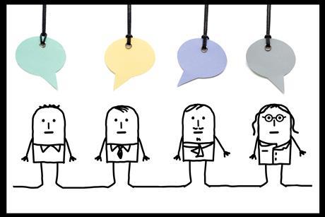 An image showing four cartoon figures with different coloured speech bubbles above their heads
