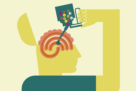 Man pouring symbols from oil can into brain