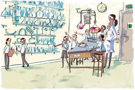 A cartoon of a science teacher allowing students to pick the equipment to use for a chemistry practical