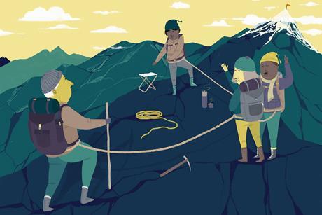 A cartoon of climbers supporting and encouraging each other on a mountainside