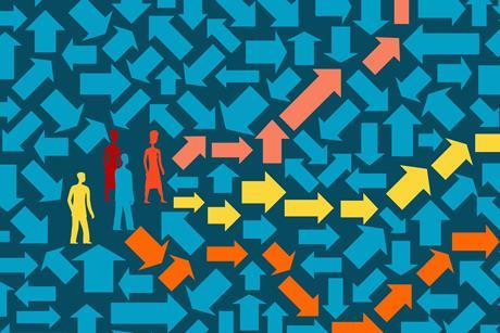An illustration of people finding their way through a maze of arrow