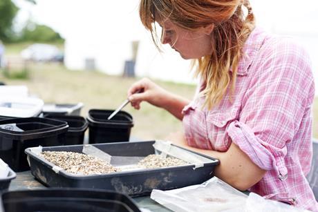 Young, female archaeologist sifting through soil