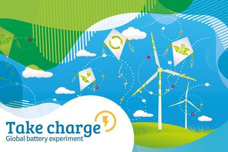 An illustration showing wind turbines on a grassy hill, surrounded by kites with icons for recycling, batteries and electricity
