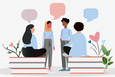 Cartoon of four students sitting on oversized books having a discussion.