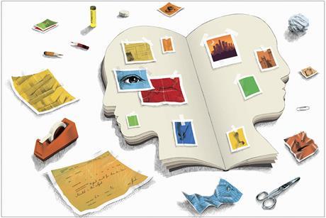 A scrapbook in the shape of a head with photos and other memories including an old Chemistry school report