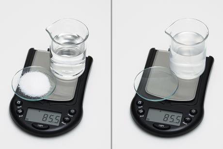 A before and after photo showing that the mass (85.5g) of a beaker of water and a watchglass of salt does not change when the salt has been dissolved in the water