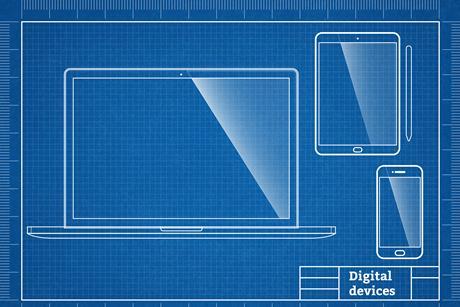 A blue print for a laptop, tablet and stylus and a mobile phone.