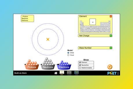 A screenshot of the PhET build an atom simulation, featuring a blank atomic diagram and buckets containing protons, neutrons and electrons