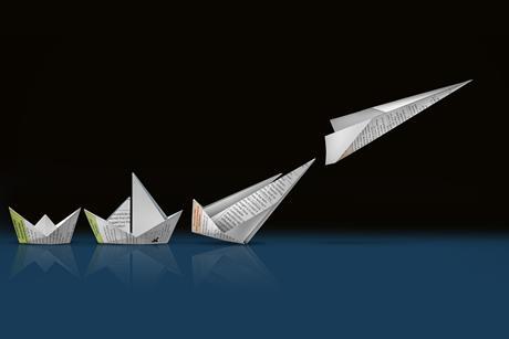 A 3d illustration of some origami made from structure strips. The origami develops from a simple boat through other more complex boats to a sleek paper airplane which is taking off.