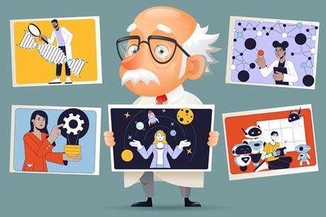 A cartoon old white male scientist holding up drawings of scientists from a range of backgrounds