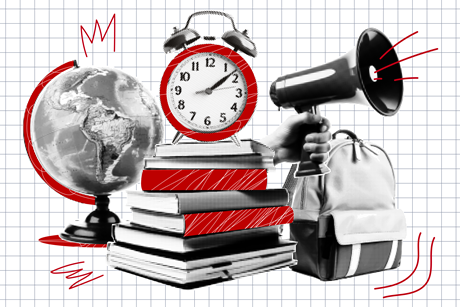 An illustration of a globe, a clock, books, loudspeaker and a backpack