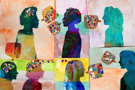 An illustration of silhouetted faces sharing ideas through speech in the form of small colourful squares