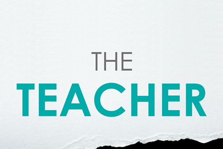 Front cover of The Teacher Gap, grey cover, cyan lettering, and image of black tear