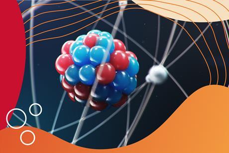 A model of an atom with the nucleus in close up and electron shells surrounding