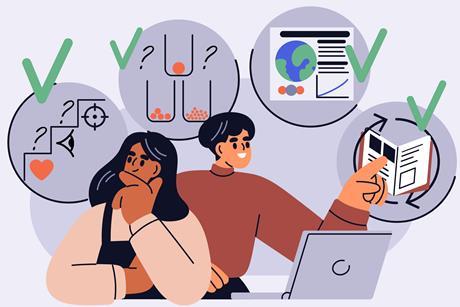 A cartoon of a man and woman looking at icons representing different types of teaching approaches including direct interactive, enquiry, prooject-based and flipped.