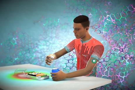 A futuristic young man eats sushi that has a freshness indicator on the pack while wearing a biosensor on his arm. Behind him is some colourful graphene