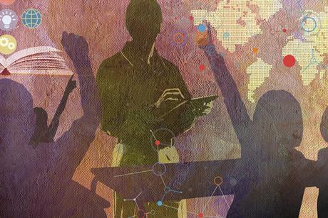 An artwork using flat colours and icons of a teacher in from of a class of school students. The students have their hands raised and pasted over the image is a map, connections, a book and some symbols.