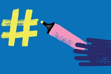 An illustration of a hand drawing a hashtag with a colour marker