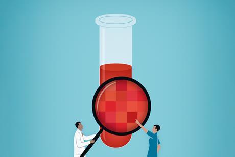 An graphic image showing two small figures, one holding a large magnifying glass over a large test tube, with the second figure pointing at it