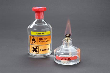 A glass bottle of ethanol labelled highly flammable and harmful with ethanol burning in a spirit burner