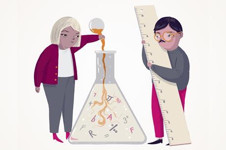 A cartoon of two people with a giant conical flask and a giant ruler
