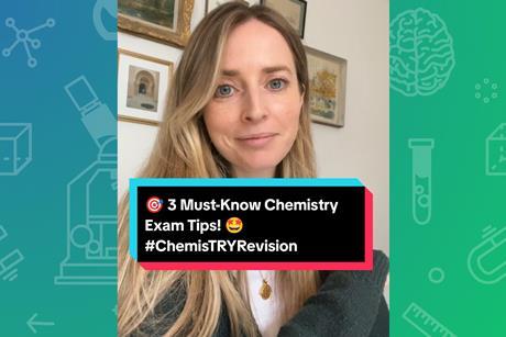 A screenshot from a revision video featuring the text "3 must-know chemistry exam tips!" and the hashtag "chemistry revision", where "TRY" in "Chemistry" is capitalised