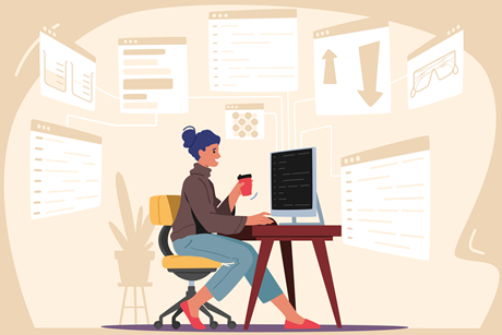 A cartoon of a woman working at a desktop computer she is surrounded by interconnected windows from her screen including some spreadsheets and chemistry teaching images