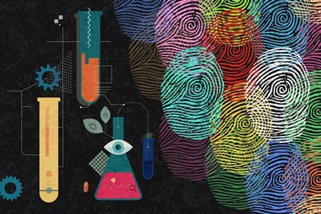 Lots of differently coloured fingerprints approach chemistry equipment