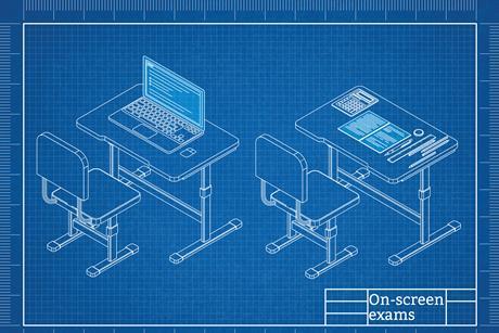A blueprint of two desks used for an exam - one has a laptop for a digital exam and one has a paper based exam