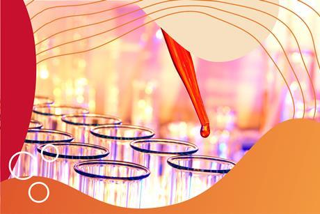 Close up of test tubes being filled with a pipette with red-orange graphic surround