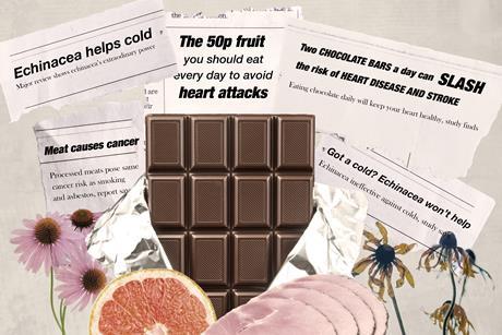 An image showing a collage of newspaper headlines and the relevant food items that they refer to