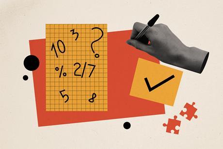 A digital collage illustrating maths problem solving: a hand writes on a grid sheet showing numbers and a percentage symbol, next to puzzle pieces.