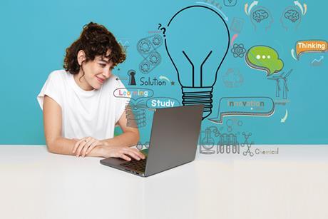 A photograph of a woman smiling as she uses her laptop is overlaid is line illustrations featuring science- and learning-related objects, such as a lightbulb, chemistry apparatus and cogs