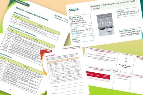 Examples of the resources that make up the key terms support packs: a key terms list, an accessible glossary slide; a Frayer model slide and an Unscrambling definitions worksheet