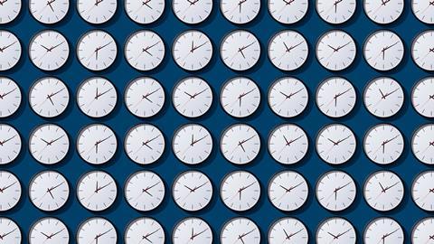 Rows and rows of identical clock faces showing different times