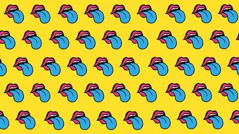 An image showing a pop art style wallpaper, repeated images of a blue tongue sticking out of red lips, to illustrate an article on flavour chemistry