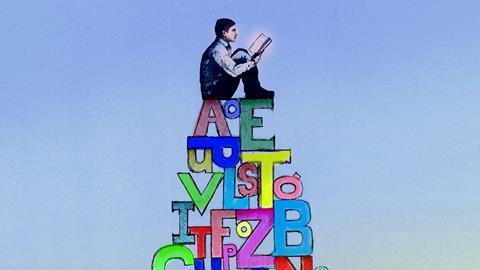 An illustration showing a male student reading a book and sitting on a pile of letters