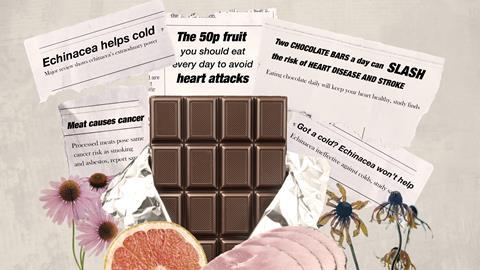 An image showing a collage of newspaper headlines and the relevant food items that they refer to