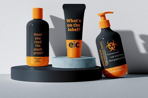 A group of bottles highlighting the chemicals used in cosmetics