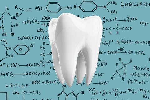 An image showing a tooth on a background comprising of hand-drawn chemical structures