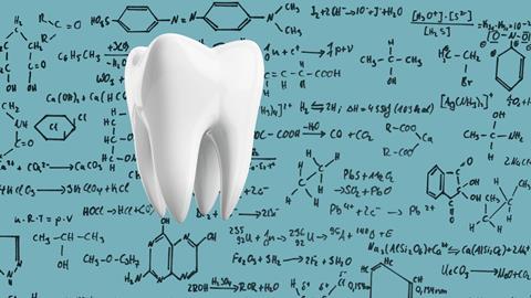 An image showing a tooth on a background comprising of hand-drawn chemical structures