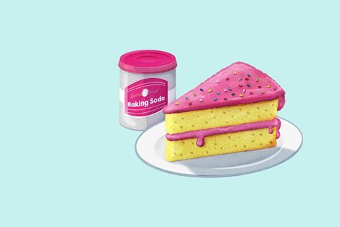 An illustration of cake and a tub of baking soda