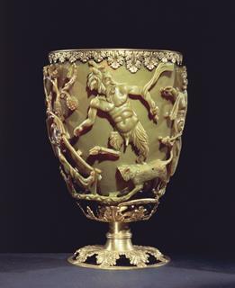 The Lycurgus cup, a 4th century glass cup depicting a king stuck in vines