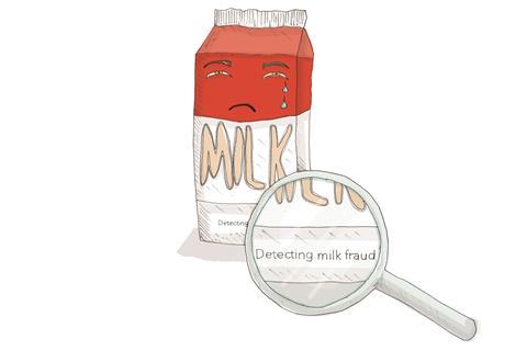 Cartoon milk carton with a face, magnifying glass