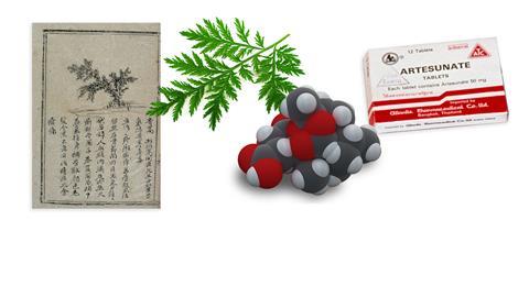 A page from an old Chinese medicine book, a leaf of artemesia, a 3d molecular model of artesunate and a packet of artesunate tablets