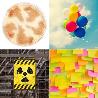Penicillin culture, helium balloons, radioactive symbol and sticky notes